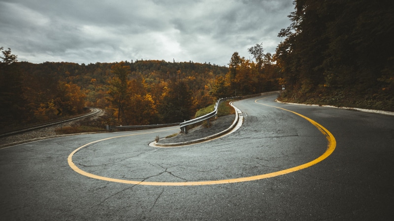 railroad track, road, fall, guardrail, hairpin turns, forest, trees, 2K