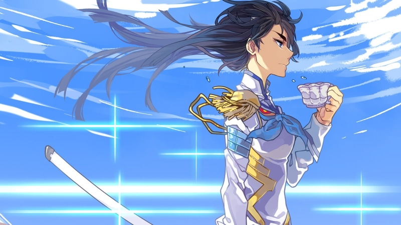 wind, blue background, side view, 1080P, Kill la Kill, day, indoors, full length, art and craft, nature, creativity, human representation, clothing, one person