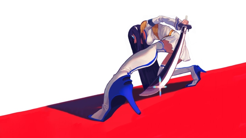 indoors, cut out, high heels, Kiryuin Satsuki, Kill la Kill, white background, young adult, studio shot, motion, sport, flag, blue, 1080P, women, lifestyles