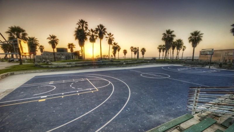 no people, basketball - sport, orange color, empty, court, digital, direction, day, sports, tropical climate, sport , outdoors, tree, nature