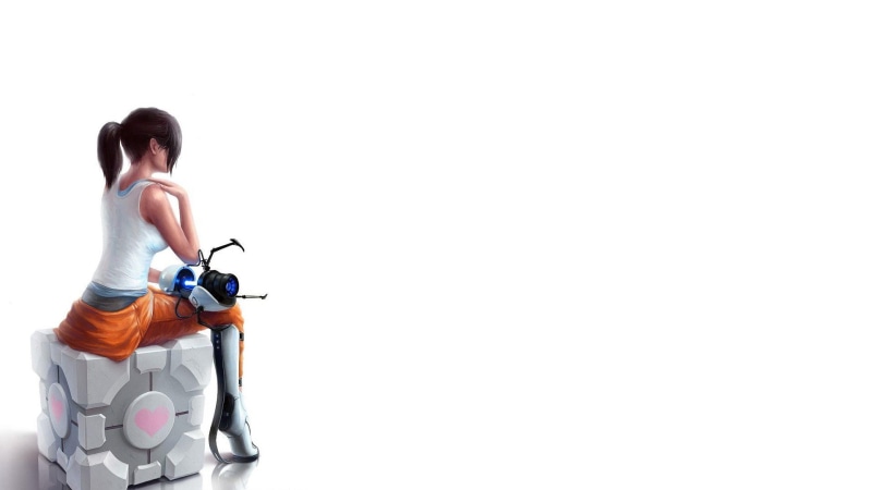 Chell, lifestyles, Valve Corporation, white background, white color, women, one person, video games, cleaning, Portal, wall - building feature, indoors