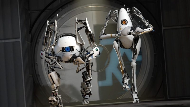 technology, day, 1080P, no people, human skeleton, robot, white, silver colored, wall - building feature, hanging, cyborg, robots, two, representation