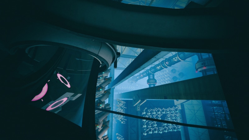 low angle view, indoors, built structure, reflection, transparent, no people, mode of transportation, nature, Portal (game), city, 5K, architecture, Aperture Laboratories