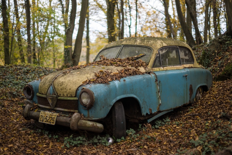 retro Styled, junk yard, aged, damaged, mode of transportation, land Vehicle, decline, abandoned, borgward, leaves, rusty, motor vehicle, forgotten, corroded