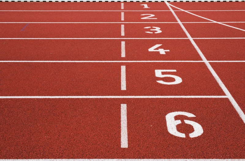 close-up, ground, track and field, starting line, start, track, red ...