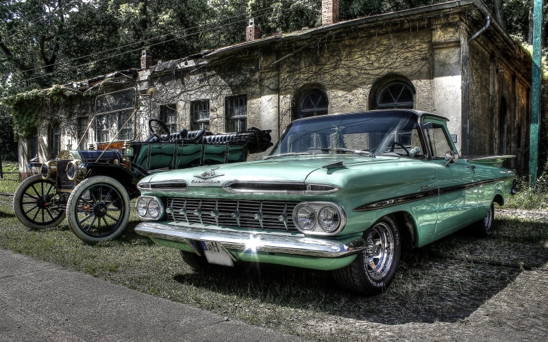 car, stationary, Chevrolet, land vehicle, coupe, built structure, outdoors, no people, vehicle, retro styled, HDR, motor vehicle, tree, mode of transportation