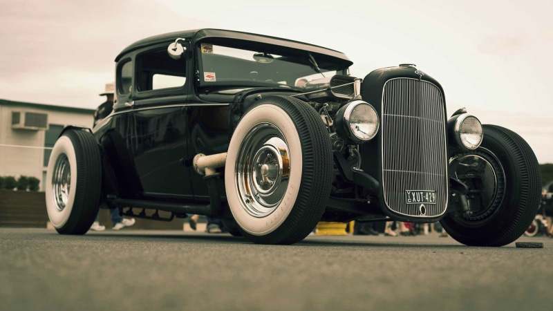 no people, land vehicle, retro styled, Roadster, Ford, day, metal, the past, road, black, hotrod, street, car, vintage, close-up, vehicle, tire, wheel