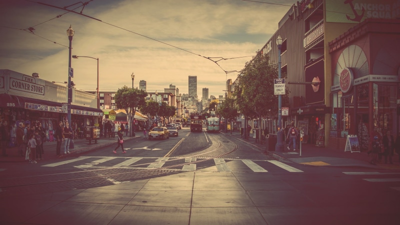 building, sky, building exterior, road, track, 1080P, people, mode of transportation, outdoors, asphalt, road marking, nature, direction, street, San Francisco