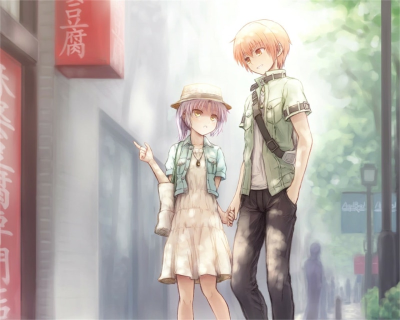 childhood, Tachibana Kanade, Angel Beats!, outdoors, three quarter length, architecture, adult, front view, day, human representation, child, representation