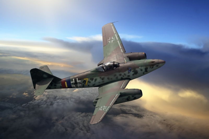 art, German, figure, plane, gray, airplane, war, fighter, fighter plane, no people, nature, military airplane, outdoors, sunset, Messerschmitt Me.262, WW2