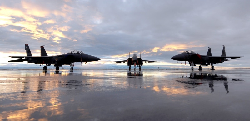three, f-15, sunset, ground, planes, air vehicle, dusk, mode of transportation, strike eagles, silhouette, outdoors, sea, reflection, jets, airplane, aerospace industry