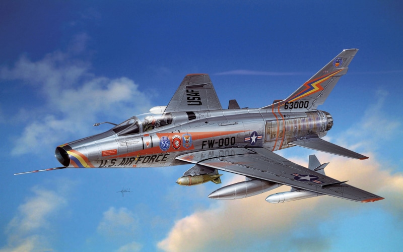 u, cloud - sky, above, interceptor, Super Sabre, red, airplane, single-engine, air vehicle, transportation, sky, no people, air, flying, bomber, USA., mode of transportation