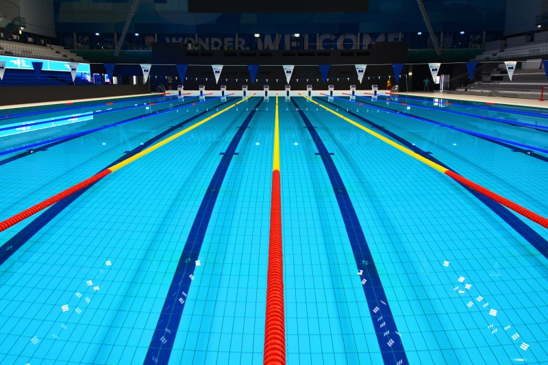 indoors, sports race, sport, absence, pattern, blue, 4K, stadium, sportVarious, swimming lane marker, competitive sport, swimming, olympic, swimming pool