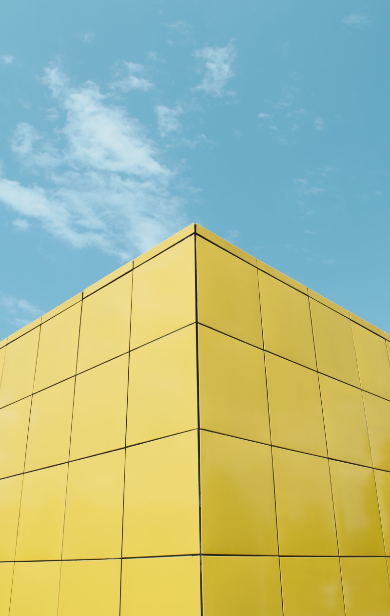 outdoors, building Exterior, blue, minimal, business, bright, glass - Material, built Structure, sky, 5K, yellow, urban Scene, modern, architecture, daytime