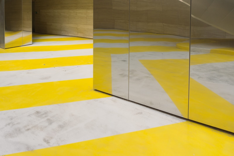 yellow, 5K, no people, architecture, cabinet, tiled floor, urban, glass, repetition, minimal, close-up, architectural, surface, colorful, pattern, full frame