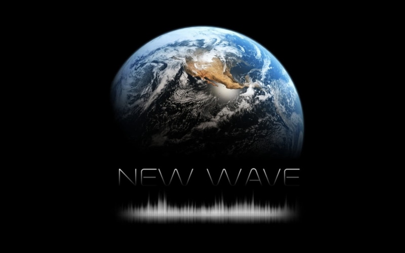 western script, cloud - sky, planet - space, sphere, logo, wave, new, globe - man made object, studio shot, text, digital composite, black background, Earth