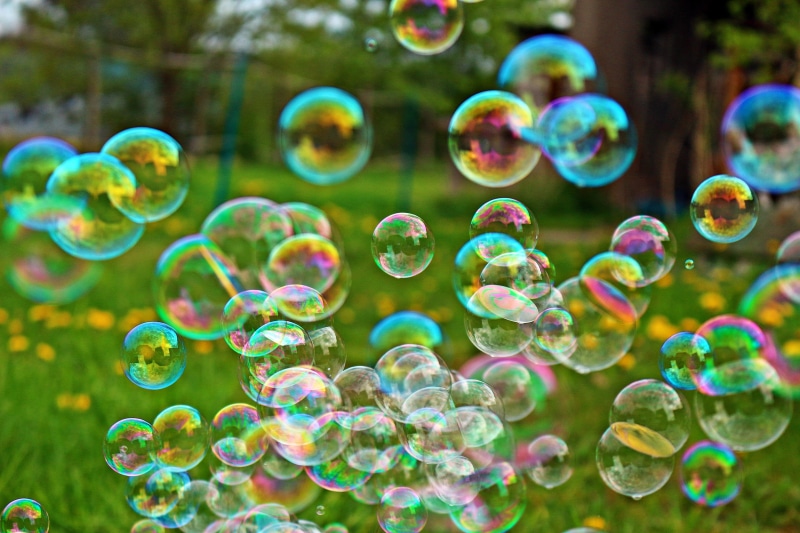 reflection, mid-air, blowing, bubble wand, circle, plant, spectrum, day, abstract, field, soap sud, Dandelion, 5K, float, geometric shape, fragility, nature