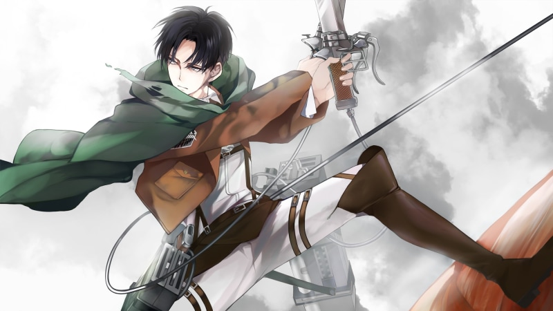 cloud - sky, 1080P, three dimensional maneuver, holding, leisure activity, one person, Anime, levi, nature, adult, full length, clothing, shingeki no kyojin