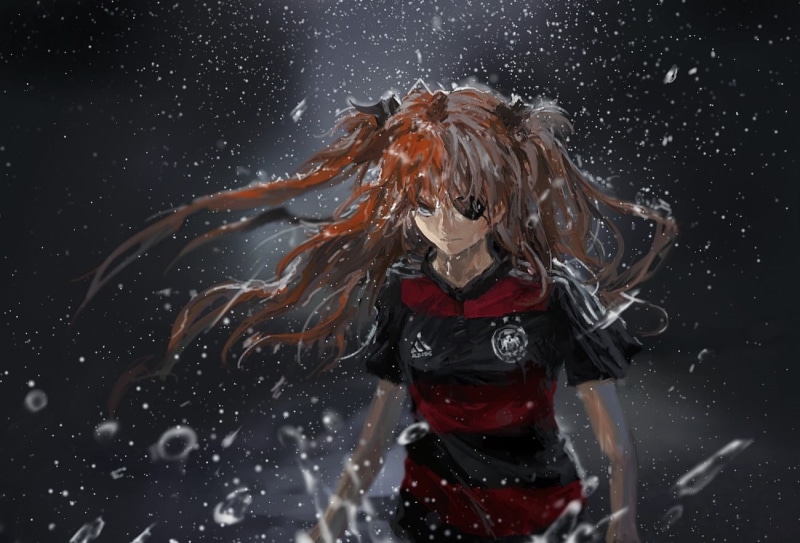 nature, black color, Asuka Langley Soryu, character, black, hairstyle, real people, one person, motion, dress, woman, indoors, studio shot, rain, black background