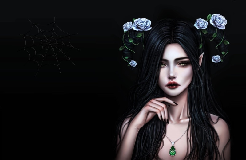 Spider Web, Rose, Girl, Gothic, Elf, Woman, 1080P, Fantasy, Artistic, Black Hair