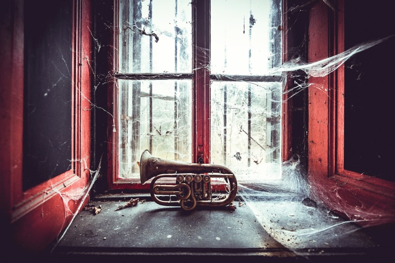 musical instrument, 1080P, spider webs, red, abandoned, window, spiderwebs