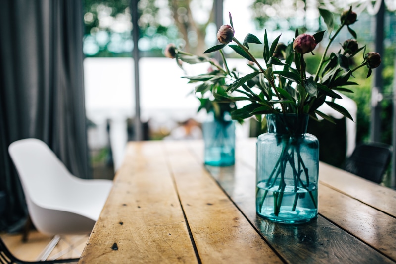 flower, 4K, vase, beauty in nature, window, wooden, house, flowering plant, plant, wooden table, room, focus on foreground, seat, gardening, dining room