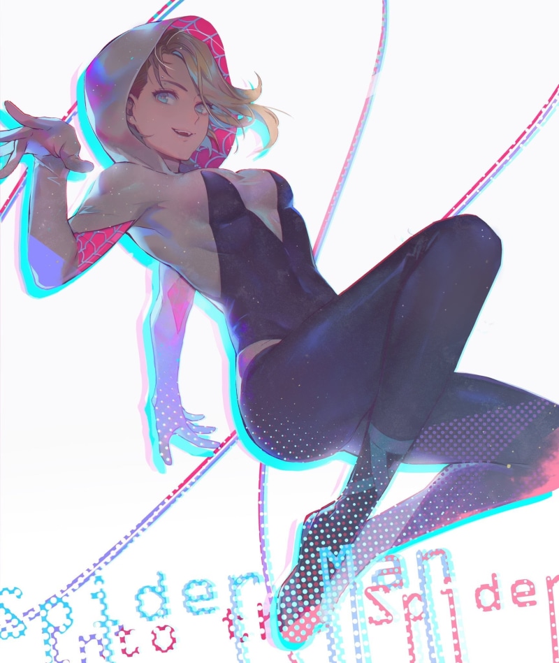 tight clothing, drawing, Spider Gwen, blonde, Spider-Gwen, blue eyes, 1080P, digital art, Spider-Man, Spider-Man: Into the Spider-Verse, illustration