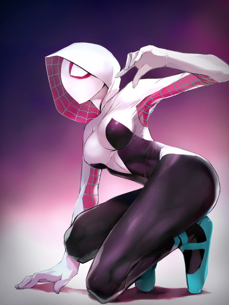squatting, fan art, Spider-Gwen, digital art, tight clothing, 1080P, Spider-Man, side view, illustration, portrait display, Gwen Stacy, Taishi Nw, anime girls