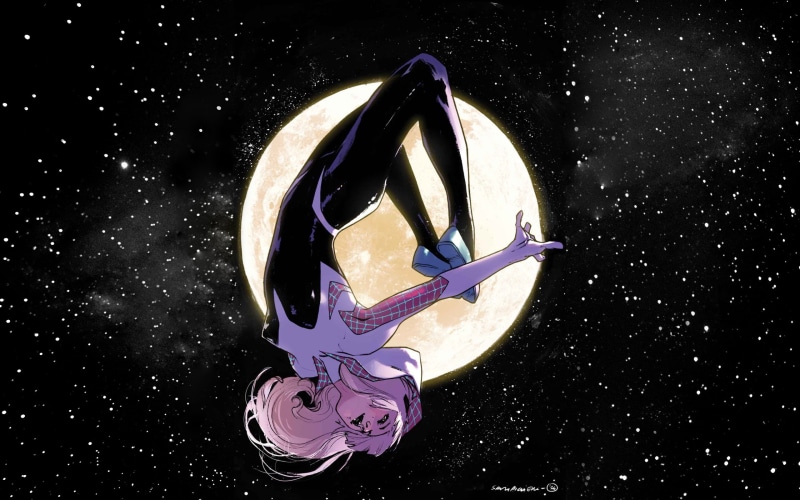 Spider-Man, haired, abstract, still life, creativity, black background, star, backgrounds, 2K, Spider-Gwen, character, star - Space, galaxy, blue, nature