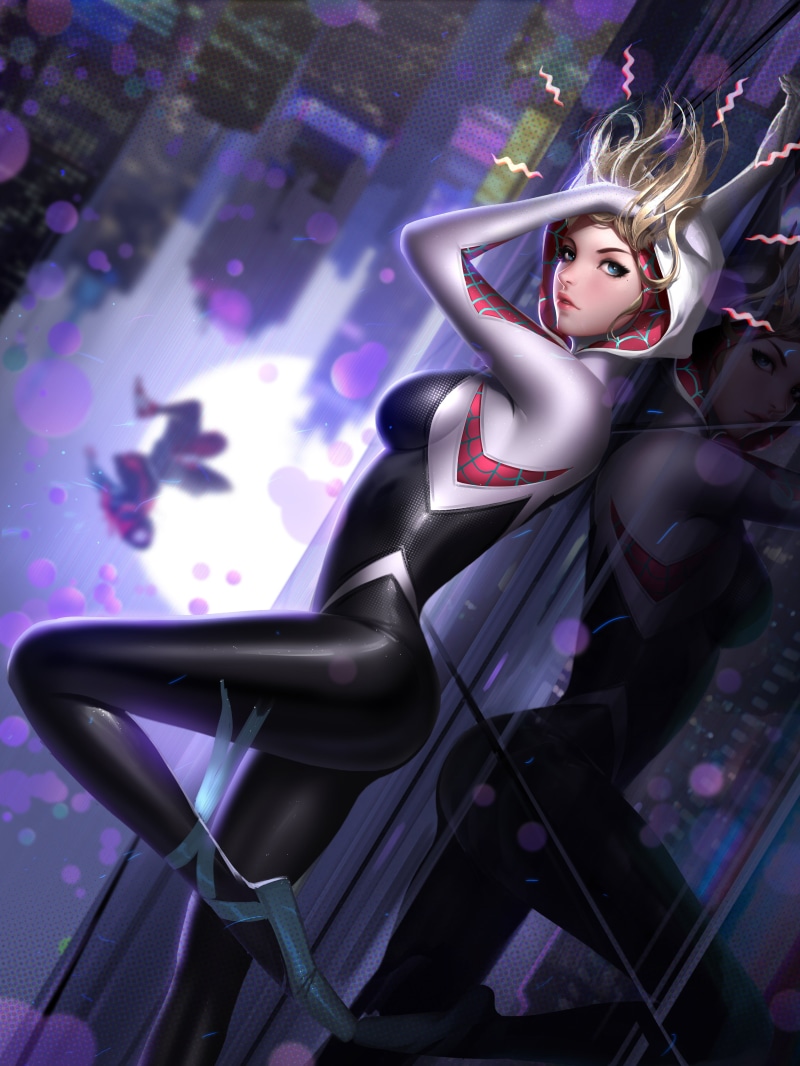 looking at viewer, drawing, Liang-Xing, illustration, Spider-Man, superhero, superheroines, Spider Gwen, digital art, artwork, blonde, 4K, Marvel Comics
