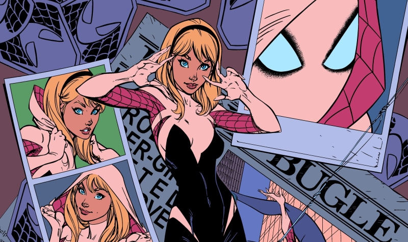 illustration, hairstyle, day, Spider-Gwen, female likeness, male likeness, people, representation, text, sky, human representation, creativity, females