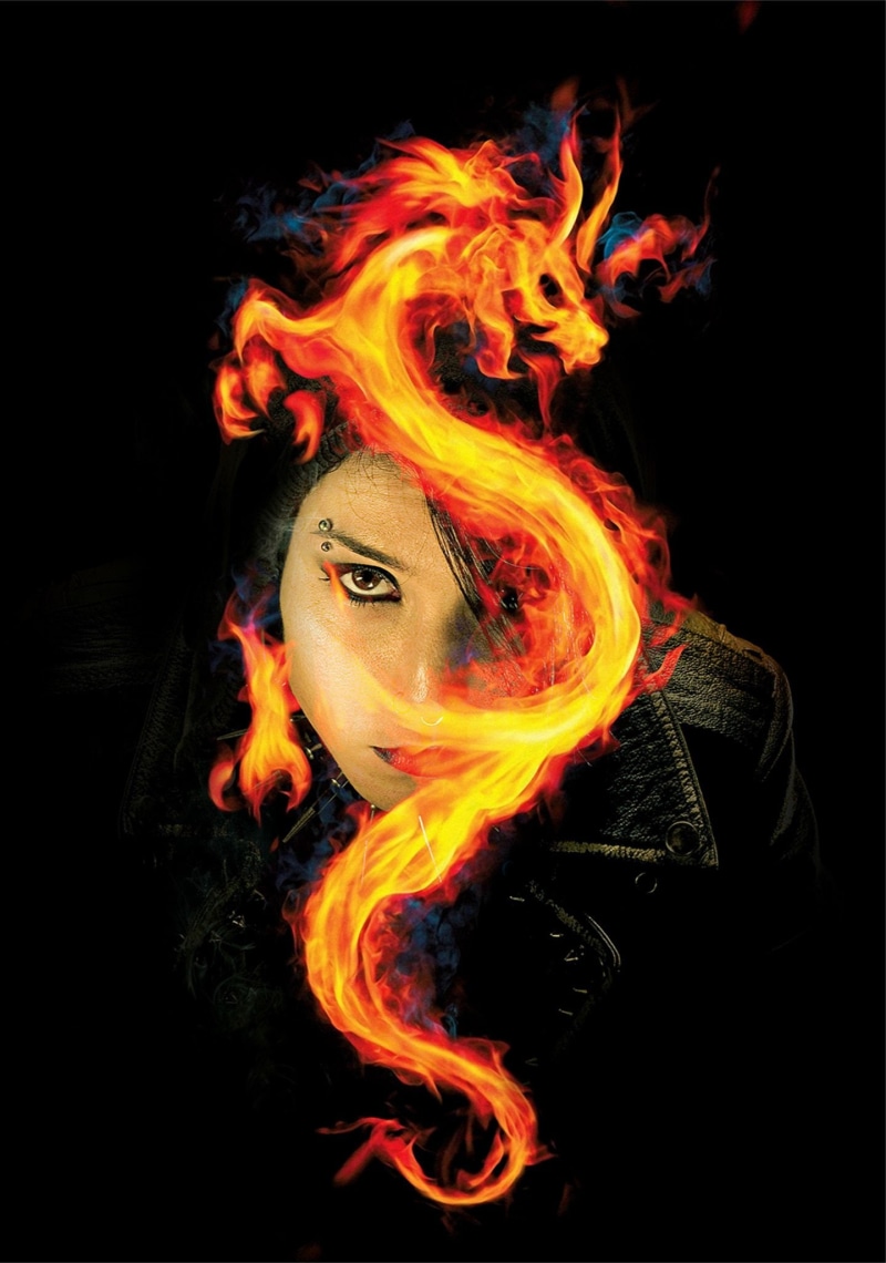 crime, women, beautiful woman, drama, dragon, looking at camera, fire, dyed red hair, flame, adult, fantasy, ominous, young adult, heat - temperature, studio shot
