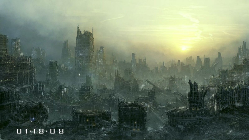 office building exterior, no people, apocalyptic, city, travel destinations, skyscraper, landscape, building, architecture, sun, 720P, outdoors, day, smog