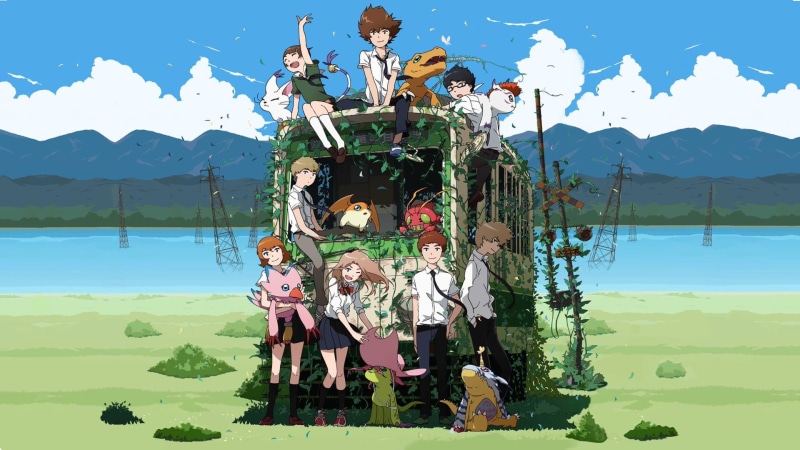plant, lake, outdoors, water, 1080P, Sora Takenouchi, Agumon, beauty in nature, character, illustration, Taichi Yagami, art and craft, tree, creativity