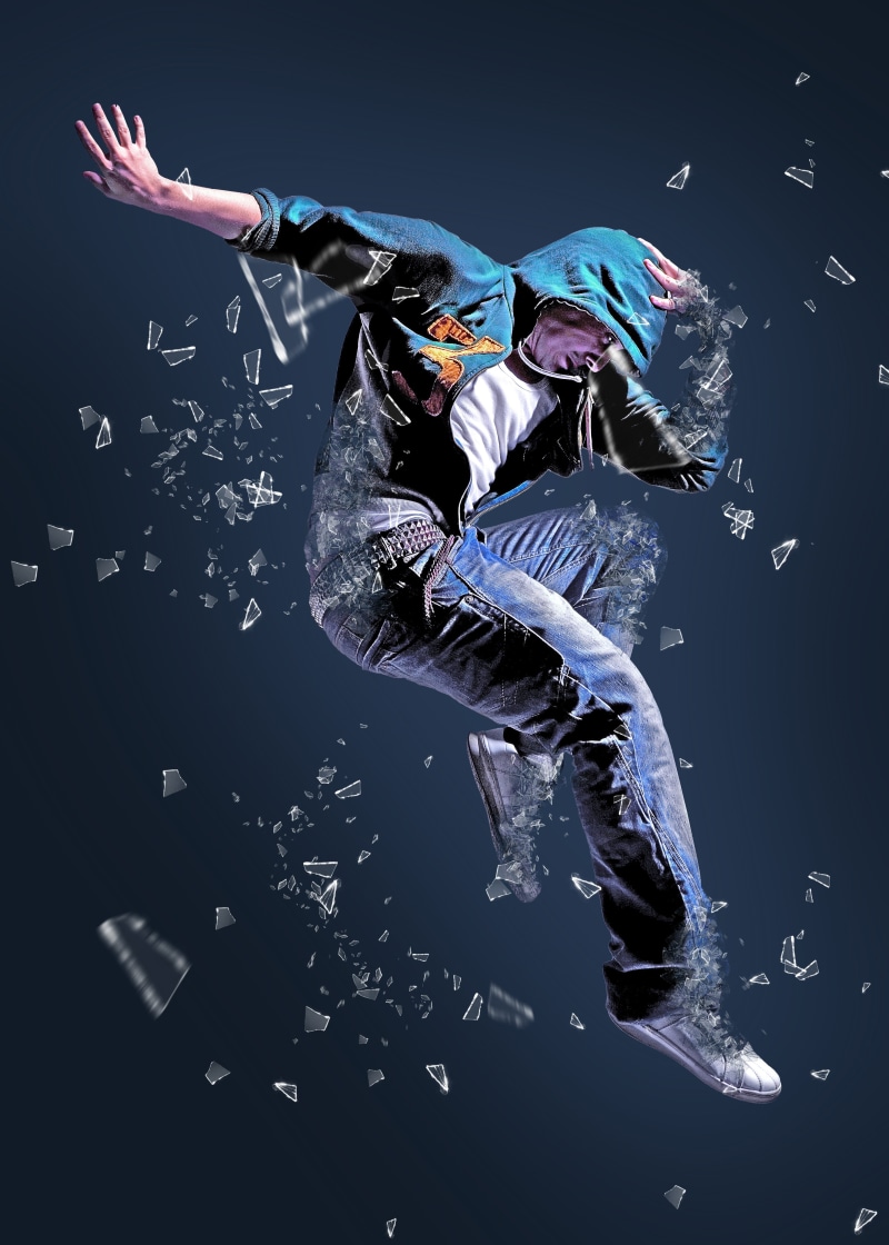 digital composite, one person, young adult, male, human arm, real people, man, digital manipulation, activity, action, stage, water, hip hop, shattered