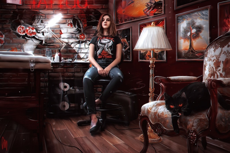 looking at camera, T-shirt, painting, blue, hairstyle, smoking, flooring, portrait, full length, red eyes, distressed, fashion, 1080P, Andrew White, indoors