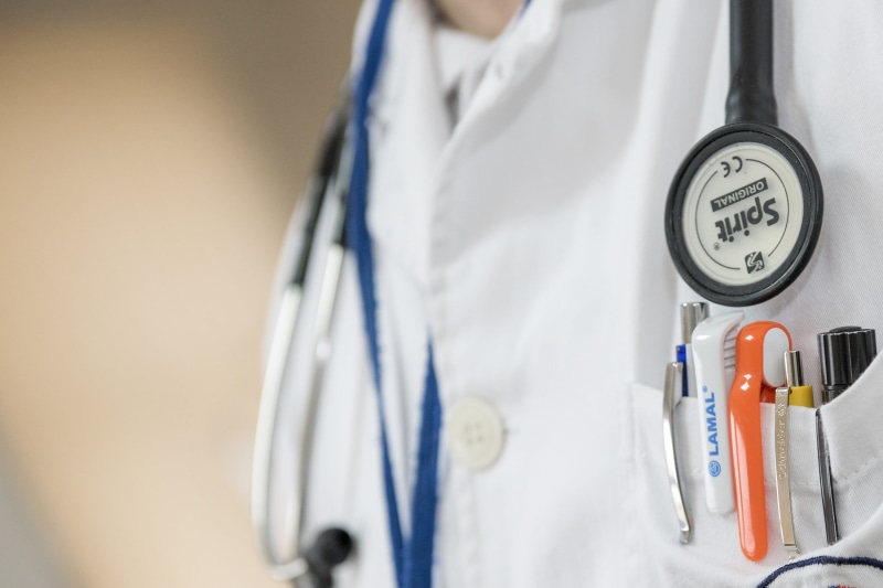 medical exam, photo, indoors, close-up, lab coat, stethoscope, professional occupation, pens, medical instrument, hospital, adult, health, pocket, medical