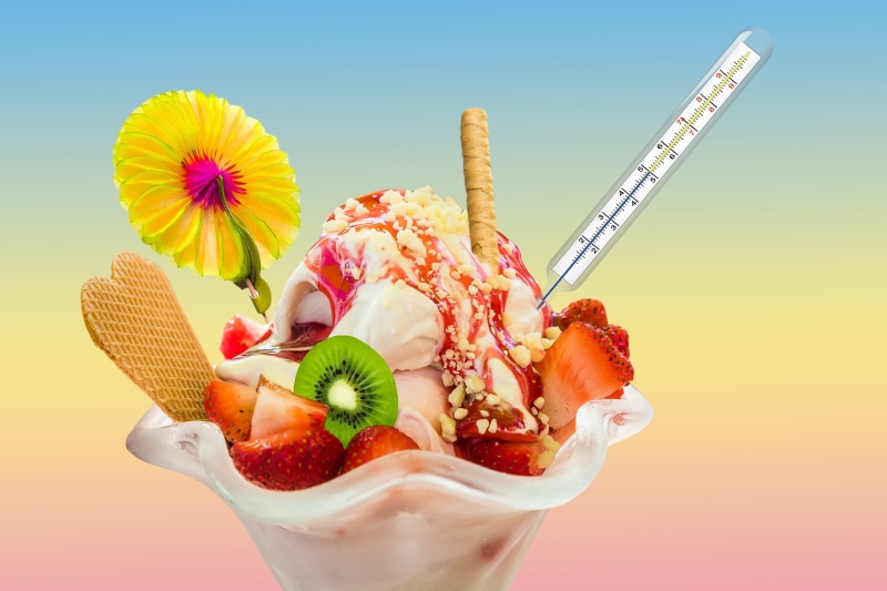 strawberries, herb, frozen, sweet, fruit, ice cream, thermometer, strawberry, 2K, ice cream sundae, nature, colored background, dessert, food, frozen food