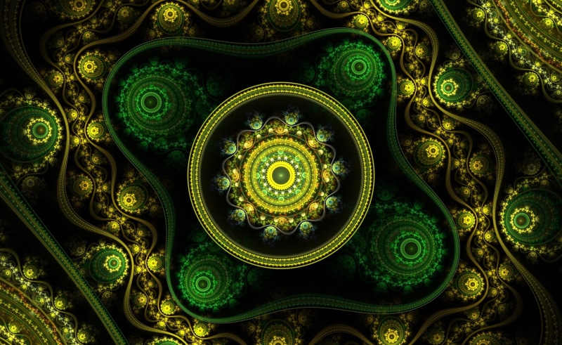 low angle view, indoors, built structure, circle, 2K, apophysis, yellow, spirituality, black, pattern, carving, backgrounds, creativity, full frame, ornate