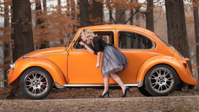 smiling, red lipstick, travel, blonde, women outdoors, old car, beetle, model, one person, full length, car, volkswagen, nature, fall, outdoors, motor vehicle