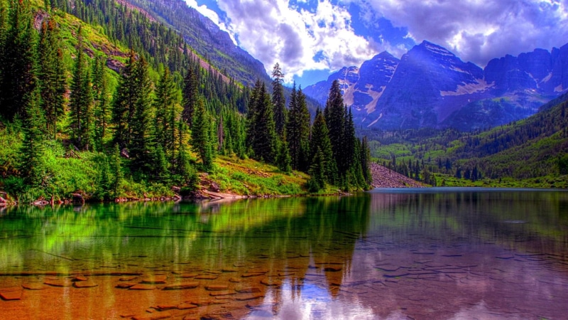 sky, trees, aspen, mountains, maroon lake, amazing, lake, colorado, elk mountains, 1080P, mountain lake, maroon bells, forest, pines, landscape