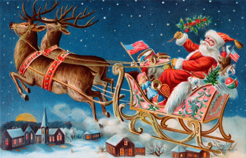 gifts, snow, deer, painting, mammal, humor, gift, arts culture and entertainment, decoration, claus, christmas, horse, santa, reindeer, Santa Claus, postcard