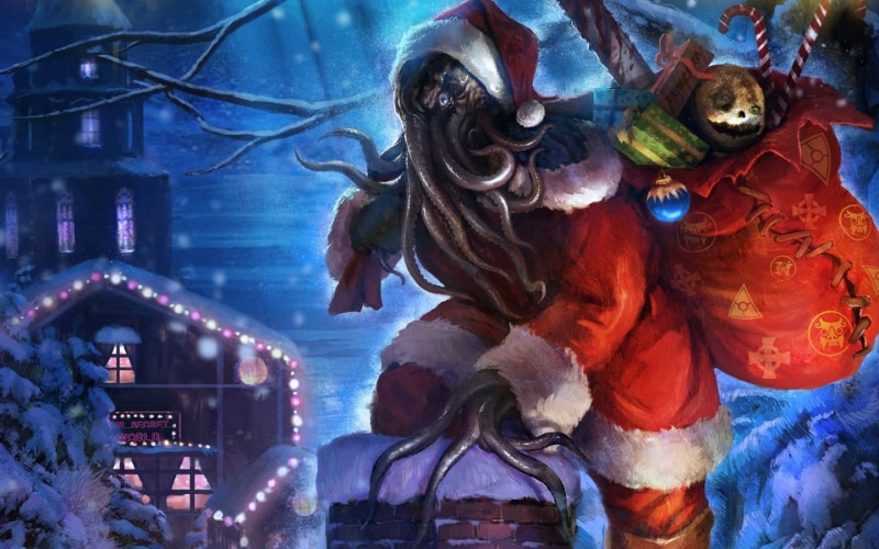 Santa Claus, 720P, night, celebration, art and craft, Cthulhu, building exterior, presents, decoration, holiday, representation, human representation