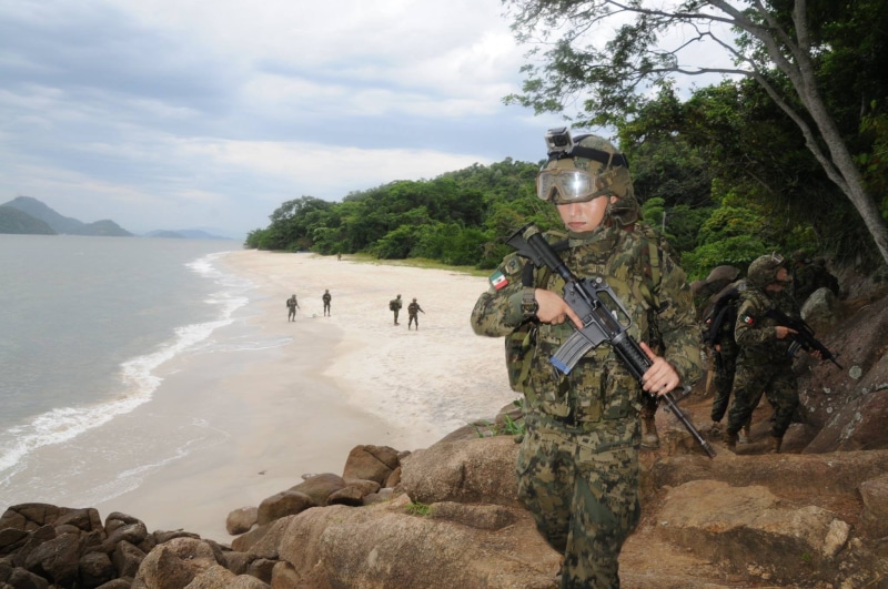 water, tree, land, people, outdoors, nature, Mexico, s, green, framed, uniform, goggles, camouflage, sleeved, military, sky, real people, black, sea, armed forces