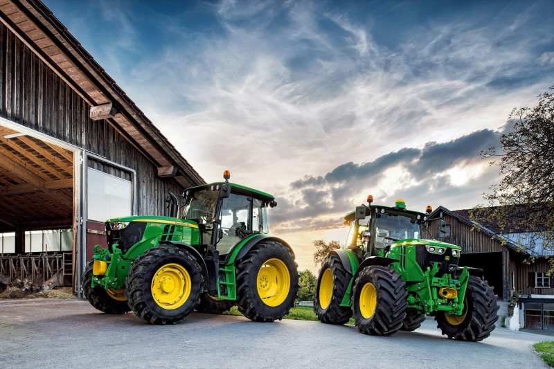 green tractor, agricultural machinery, John Deere, wheel, John Deere 6110MC, tractor, the sky, big wheels, two tractors, clouds, green, cabin, 1080P, technique