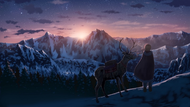 anime, winter, deer, 1080P, sunset, anime girls, mountains, snow