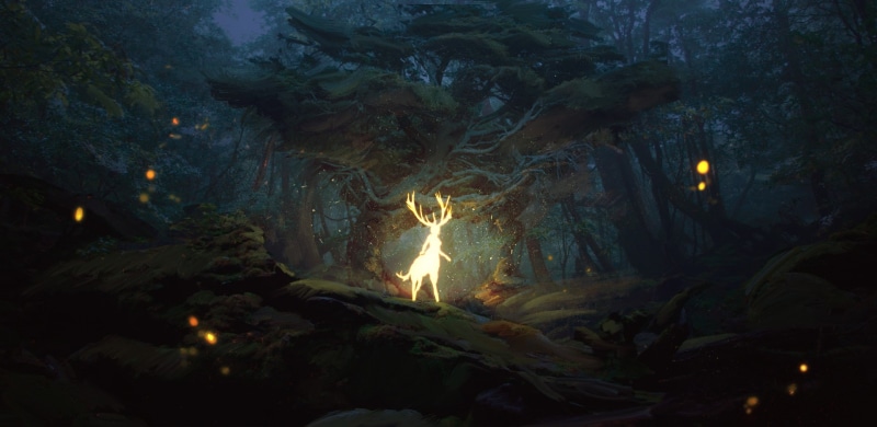 forest, 1080P, silhouette, landscape, deer, digital art, lights, dryads, fantasy art