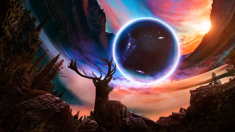 dream, fantasy, wild, 1080P, forest, planet, deer, galaxy