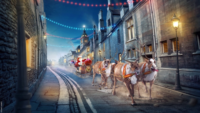 sleigh, santa sleigh, santa, chrismas, reindeer chariot, winter, night, evening, santa claus, chariot, street light, reindeer, 4K, city, street, road