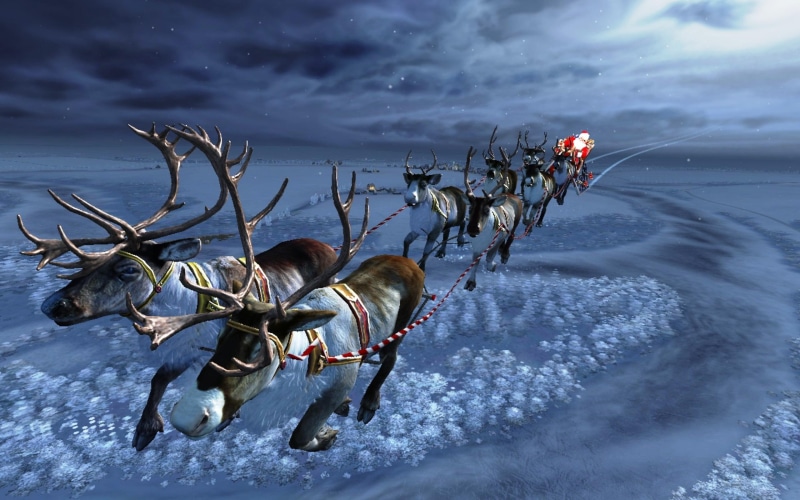 sleighride, sledge, snow, illustration, 3d and abstract, santas, raindeers, reindeers, claus, xmas, 2K, christmas, landscape, santa, winter
